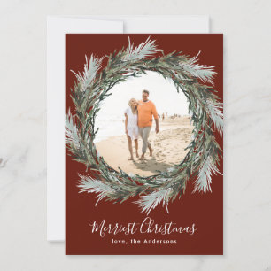 Dark Red Pine Wreath Christmas Holiday Photo Card