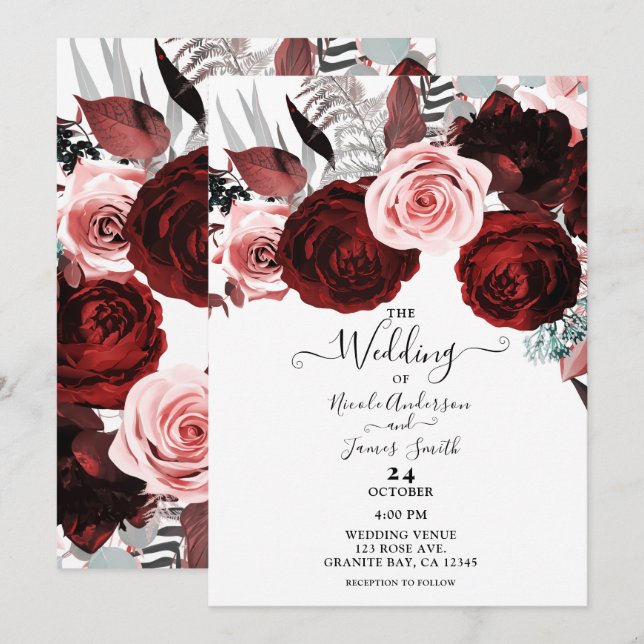 Dark Red & Pink Floral Greenery White Wedding Invitation (Front/Back)