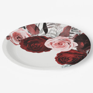 Dark Red & Pink Floral Greenery White Wedding Paper Plate