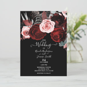 Dark Red & Pink Flowers Floral Greenery Wedding Invitation