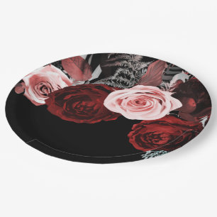 Dark Red & Pink Flowers Floral Greenery Wedding Paper Plate
