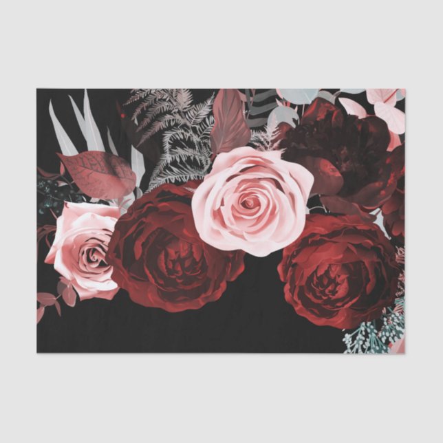 Dark Red & Pink Flowers Floral Greenery Wedding Tissue Paper (Front)