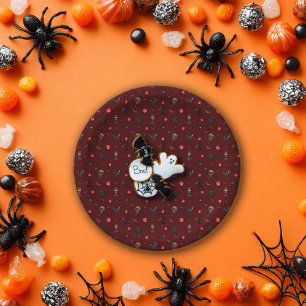 Dark Red Playful Halloween Pattern Paper Plate
