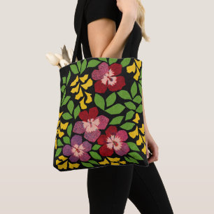 Dark Red, Purple, Green, and Yellow Flowers Tote Bag