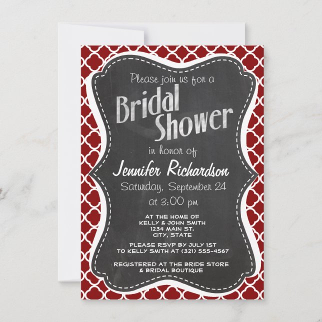 Dark Red Quatrefoil; Vintage Chalkboard look Invitation (Front)