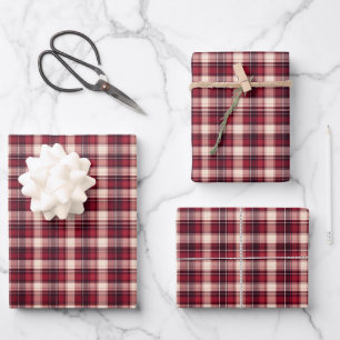 Dark Red, Red & Cream Plaid Wrapping Paper Sheet