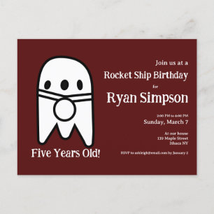 Dark Red Rocket Ship Birthday Party Postcard