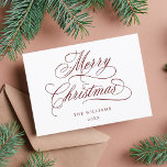 Dark Red Romantic Merry Christmas Script Flat Holiday Card<br><div class="desc">This simple Christmas flat card features elegant and romantic swirly calligraphy lettering with a winter holly berry bouquet and custom text on the back. For more advanced customisation of this design,  please click the BLUE DESIGN TOOL BUTTON above!</div>