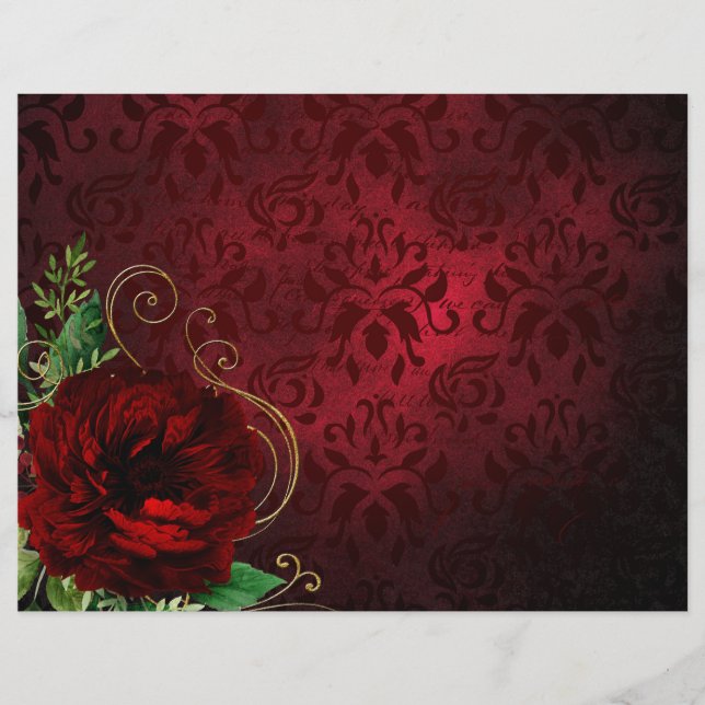 Dark Red Rose & Damask Scrapbook Paper (Front)
