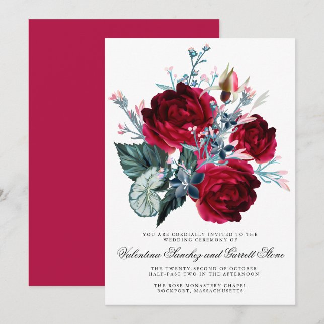 Dark Red Rose Floral Wedding Invitation (Front/Back)