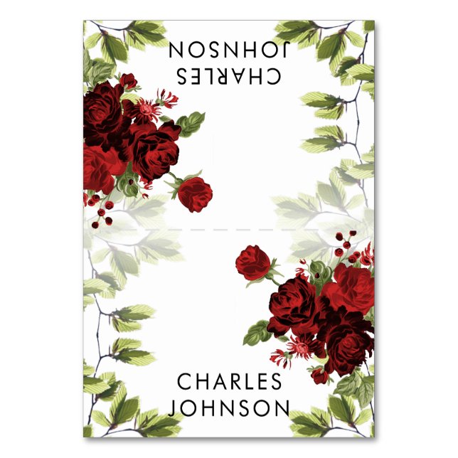 Dark Red Rose Floral Wedding | Place Cards (Front)