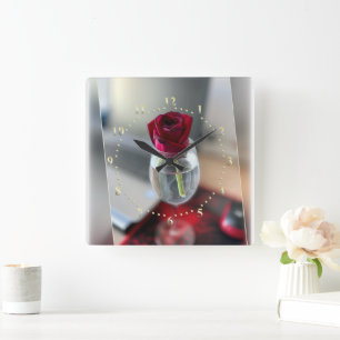 Dark red rose square wall clock