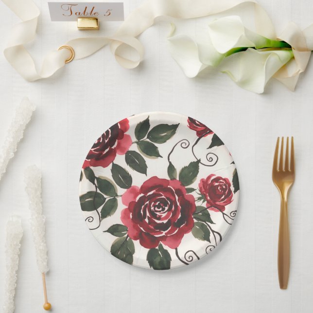 Dark Red Roses Paper Plate (Wedding)