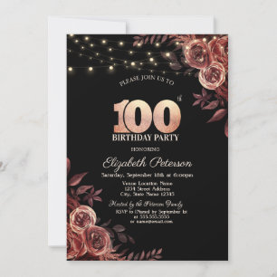 Dark Red Roses,String Lights Black 100th Birthday  Invitation
