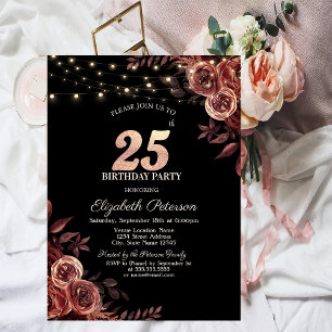 Dark Red Roses,String Lights Black 25th Birthday  Invitation