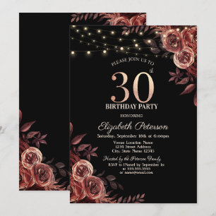  Dark Red Roses,String Lights Black 30th Birthday  Invitation