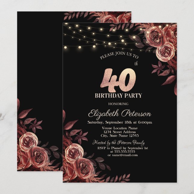  Dark Red Roses,String Lights Black 40th Birthday  Invitation (Front/Back)