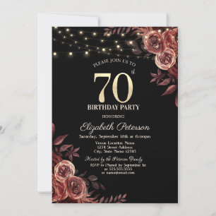Dark Red Roses,String Lights Black 70th Birthday  Invitation