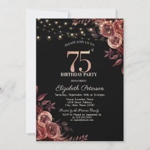 Dark Red Roses,String Lights Black 75th Birthday  Invitation