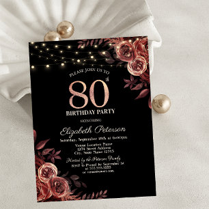 Dark Red Roses,String Lights Black 80th Birthday Invitation