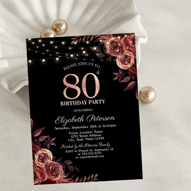  Dark Red Roses,String Lights Black 80th Birthday  Invitation (Creator Uploaded)