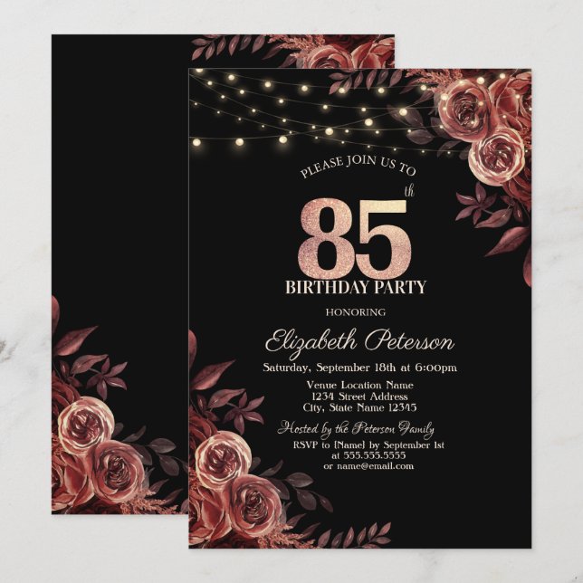 Dark Red Roses,String Lights Black 85th Birthday  Invitation (Front/Back)