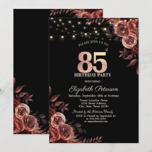 Dark Red Roses,String Lights Black 85th Birthday  Invitation