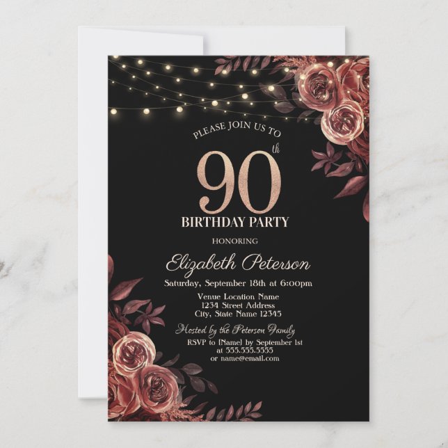  Dark Red Roses,String Lights Black 90th Birthday  Invitation (Front)