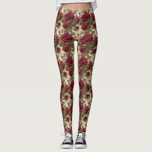 Dark Red Roses With Faded Green Leaves Leggings