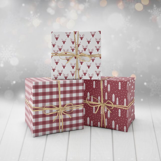 Dark Red Rustic Holiday Patterns Woods Trees Plaid Wrapping Paper Sheet (Creator Uploaded)