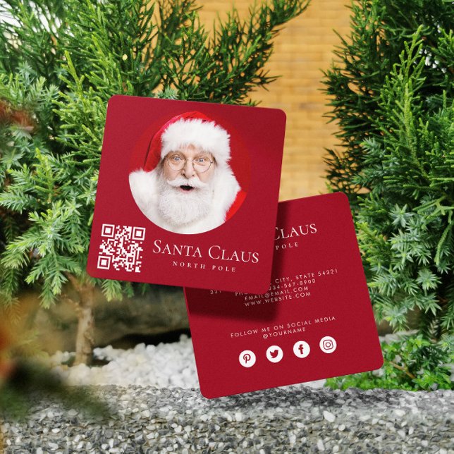 Dark Red Santa North Pole Custom Photo QR Code  Square Business Card (Creator Uploaded)