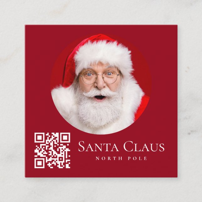 Dark Red Santa North Pole Custom Photo QR Code  Square Business Card (Front)