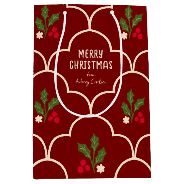 Dark Red Scallop Tile Christmas Sprigs Medium Gift Bag (Front)