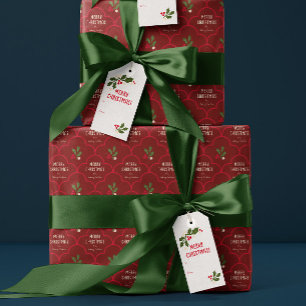 Dark Red Scallop Tile Christmas Sprigs Wrapping Paper