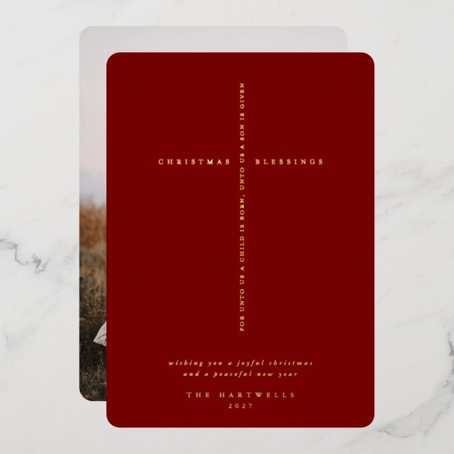 Dark Red Scripture Cross Photo Foil Holiday Card (Front/Back)