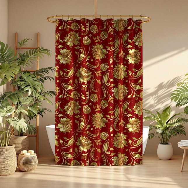 Dark-red & Shiny Gold Damask Pattern Shower Curtain (Creator Uploaded)