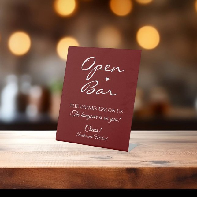 Dark Red Signature Script Open Bar Wedding Pedestal Sign (Creator Uploaded)