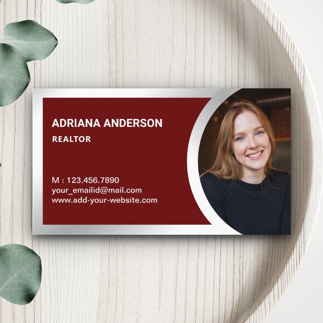 Dark Red Silver Foil Real Estate Photo Realtor Business Card (Creator Uploaded)