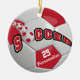 Dark Red Soccer Ball   Personalise Ceramic Tree Decoration