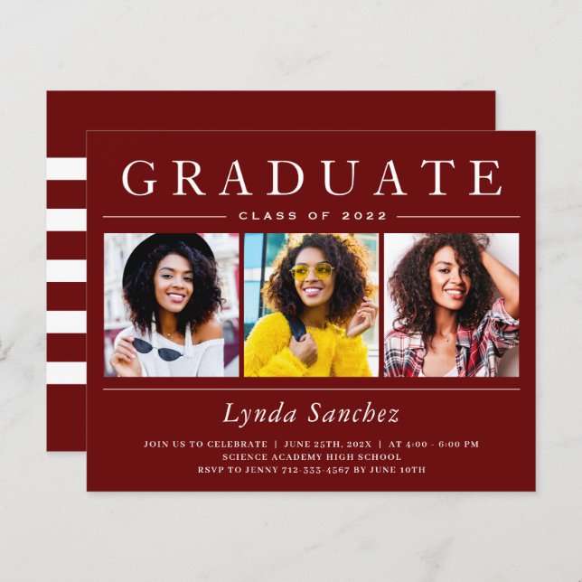 Dark Red Stripes 3 Photo Graduation Invitations (Front/Back)