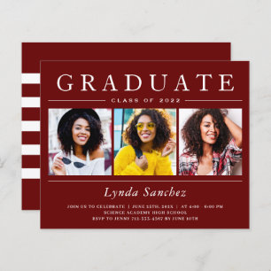 Dark Red Stripes 3 Photo Graduation Invitations