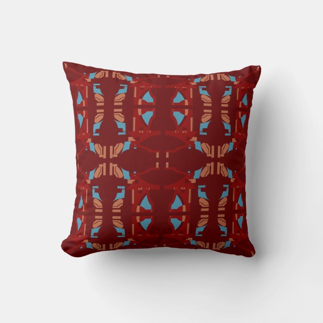 Dark Red Tan Blue on Burgundy Large Mosaic Tile Cushion (Front)