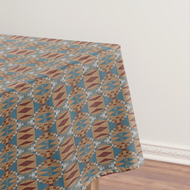 Dark Red Teal Blue Taupe Brown Tribal Mosaic Art Tablecloth (In Situ)