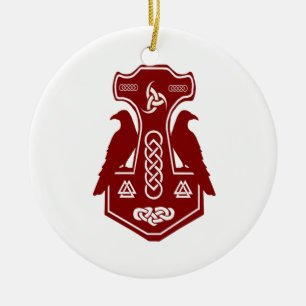 Dark Red Thor's Hammer with Ravens Ceramic Tree Decoration