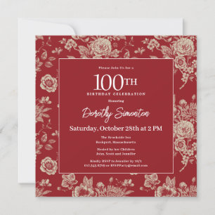 Dark Red Toile Floral 100th Birthday Party Fall Invitation