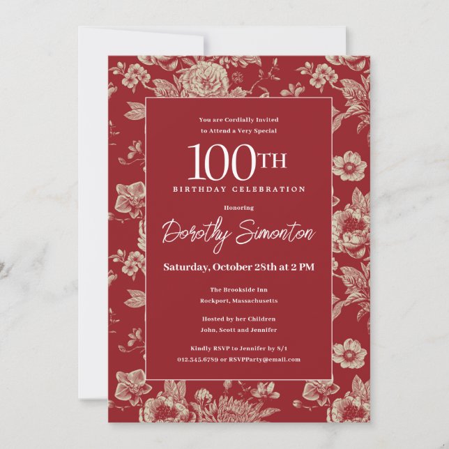 Dark Red Toile Floral 100th Birthday Party Fall Invitation (Front)