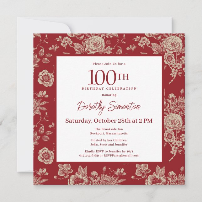 Dark Red Toile Floral 100th Birthday Party Fall Invitation (Front)