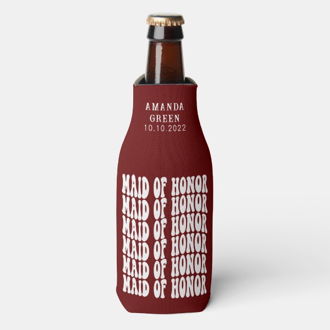 Dark Red Trendy Boho Personalised Maid of Honour Bottle Cooler (Bottle Front)