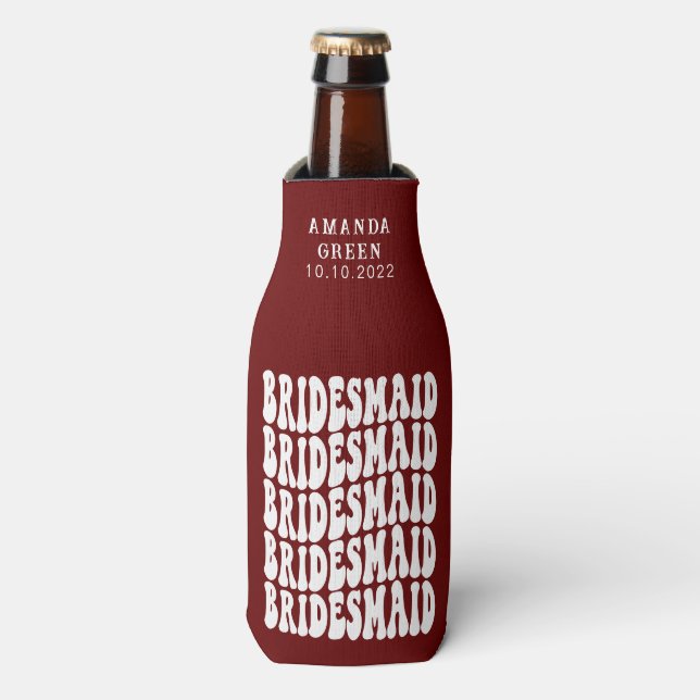 Dark Red Trendy Boho Retro Personalised Bridesmaid Bottle Cooler (Bottle Front)