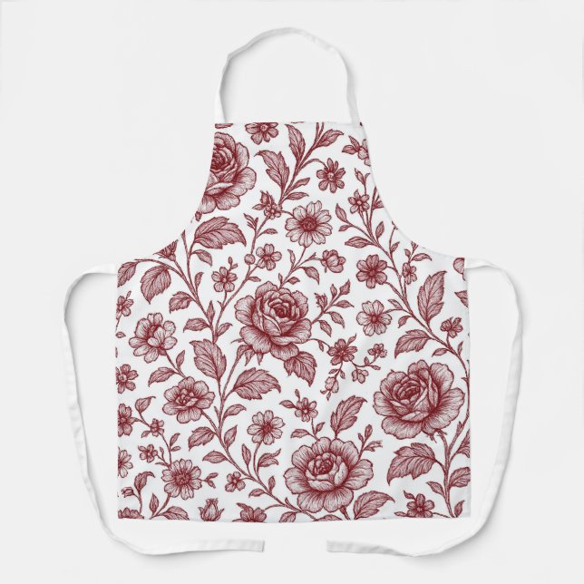 Dark Red Vintage Rose Pattern  Apron (Front)